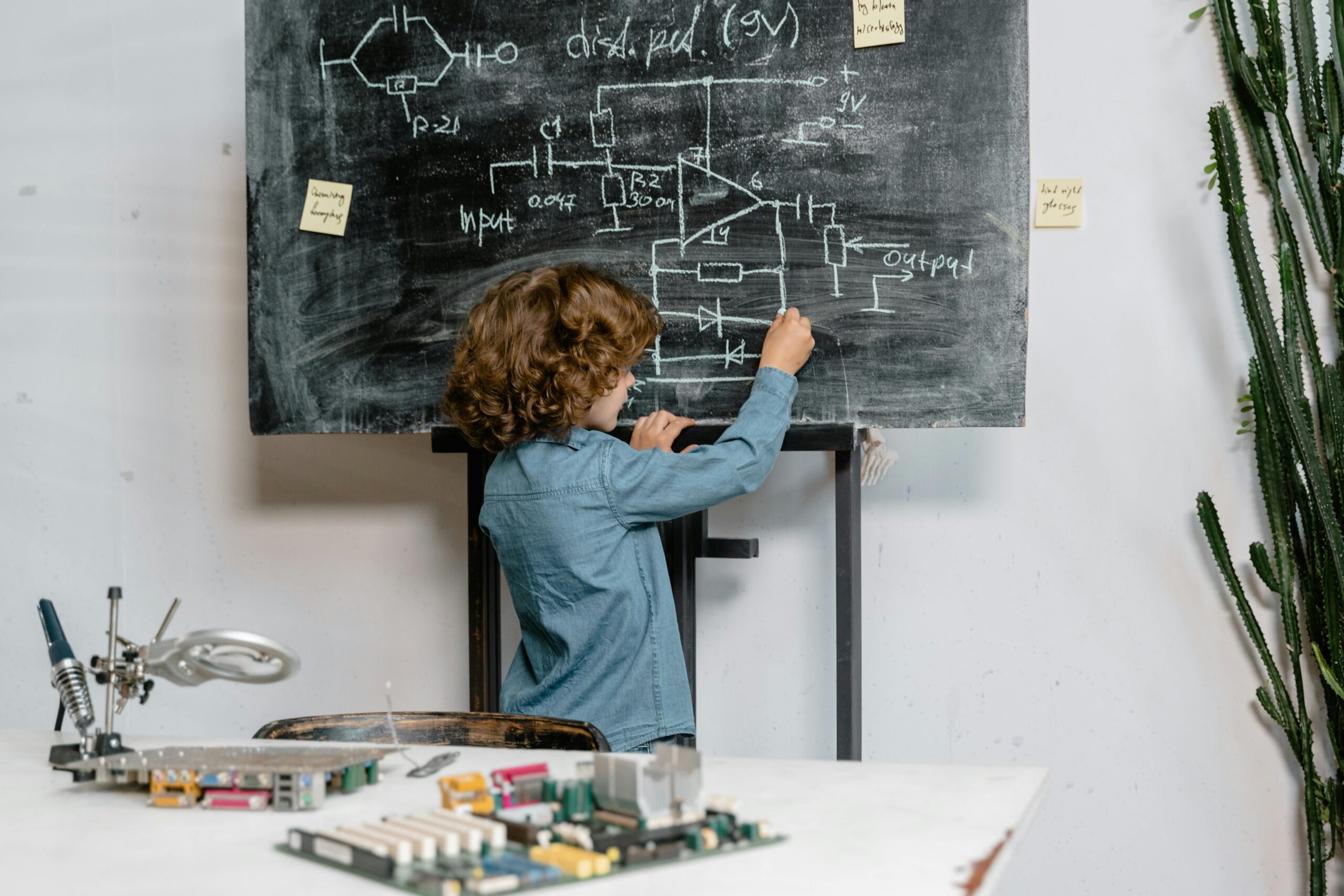A young boy creatively draws a circuit diagram on a blackboard, showcasing intelligence and creativity.